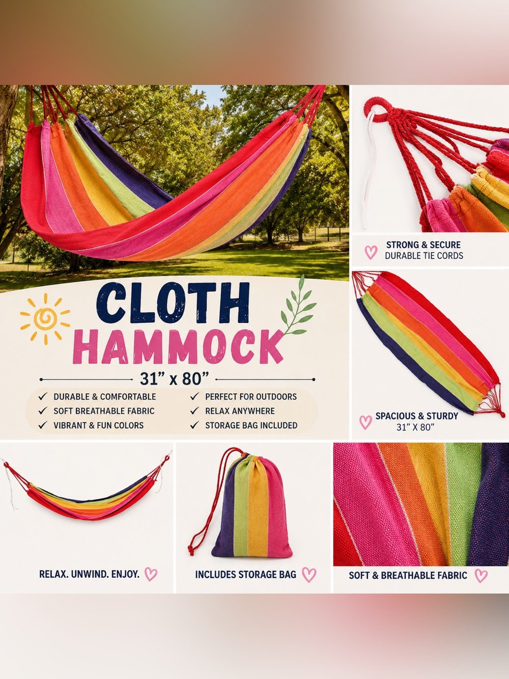 New colorful cotton cloth hammock w/ storage bag “31x80” outdoor swing